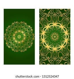 The Front And Rear Side. Mandala Design Elements. Wedding Invitation, Thank You Card, Save Card, Baby Shower. Vector Illustration. Green gold color.