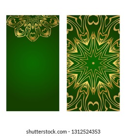 The Front And Rear Side. Mandala Design Elements. Wedding Invitation, Thank You Card, Save Card, Baby Shower. Vector Illustration. Green gold color.