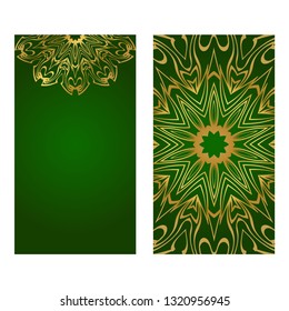 The Front And Rear Side. Mandala Design Elements. Wedding Invitation, Thank You Card, Save Card, Baby Shower. Vector Illustration. Green gold color.