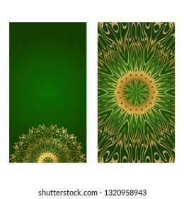 The Front And Rear Side. Mandala Design Elements. Wedding Invitation, Thank You Card, Save Card, Baby Shower. Vector Illustration. Green gold color.