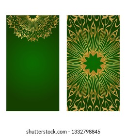 The Front And Rear Side. Mandala Design Elements. Wedding Invitation, Thank You Card, Save Card, Baby Shower. Vector Illustration. Green gold color.