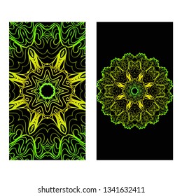 The Front And Rear Side. Mandala Design Elements. Wedding Invitation, Thank You Card, Save Card, Baby Shower. Vector Illustration. Black green color.