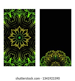 The Front And Rear Side. Mandala Design Elements. Wedding Invitation, Thank You Card, Save Card, Baby Shower. Vector Illustration. Black green color.