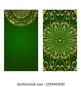 The Front And Rear Side. Mandala Design Elements. Wedding Invitation, Thank You Card, Save Card, Baby Shower. Vector Illustration. Green gold color.