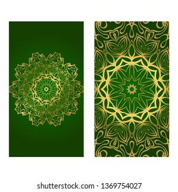 The Front And Rear Side. Mandala Design Elements. Wedding Invitation, Thank You Card, Save Card, Baby Shower. Vector Illustration. Green gold color.