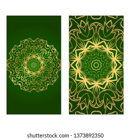 The Front And Rear Side. Mandala Design Elements. Wedding Invitation, Thank You Card, Save Card, Baby Shower. Vector Illustration. Green gold color.