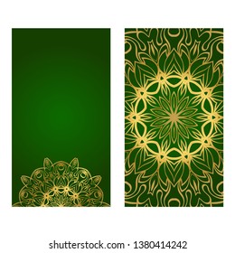 The Front And Rear Side. Mandala Design Elements. Wedding Invitation, Thank You Card, Save Card, Baby Shower. Vector Illustration. Green gold color.