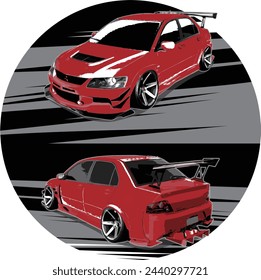 A Front And Rear View Of All Wheel Drive Red Racing Car Vector. This image suitable for race, automotive, community and event.