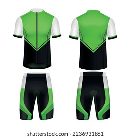 Front and rear view of cycling jersey mockup in green and black colors isolated on white background realistic vector illustration