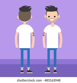 Front and rear view of a smiling bearded hipster/ flat editable vector illustration