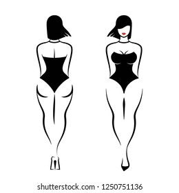 Front and rear view of young beautiful woman dressed in a black combidress. An isolated vector illustration