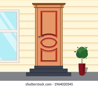 Front red door house, office or store. Exterior entrance door, window and potted tree. Vector  illustration in flat style.	