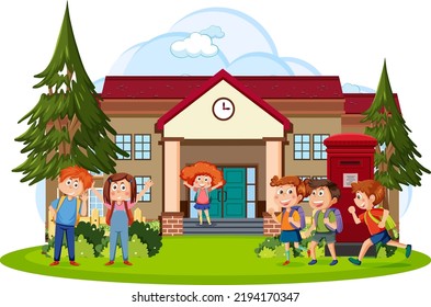 Ilustración frente a la escuela con niños