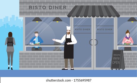 Front shop of bistro restaurant. Small business owner. Beard man wearing apron standing in front of shop with we're open blackboard sidewalk sign for welcome customer. Modern & minimal design facade.