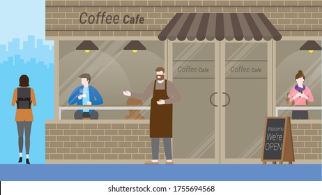 Front shop of coffee cafe. Small business owner. Beard man wearing apron standing in front of shop with we're open blackboard sidewalk sign for welcome customer.  Modern and minimal design facade.