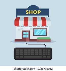 Front shop connect with keyboard, online shopping concept. Vector illustration