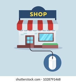 Front Shop connect with mouse, online shopping concept. Vector illustration