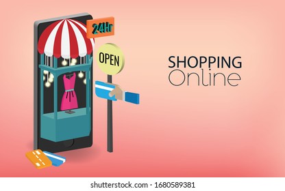 Portada de tienda en teléfono móvil.Comprar en línea en sitio web o en concepto de vector de aplicación móvil. Marketing y marketing digital, tienda en línea de marketing digital en teléfonos móviles