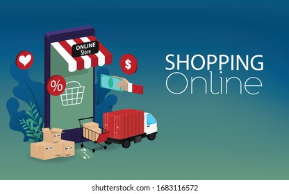 Front of shop store on mobile phone.Shopping Online on Website or Mobile Application Vector Concept. Marketing and Digital marketing, Digital marketing online store on mobile-phone