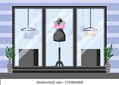 Front showcase underwear storefront, vector illustration. Mannequin with lace bra, thin clothes on hanger. Near windows in black frame vases with leaves, striped wall cartoon store.