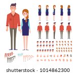 Front, side, back, 3/4 view animated characters. Young girl and guy character constructor with various views, face emotions, lip sync, poses and gestures. Cartoon style, flat vector illustration.