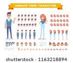 Front, side, back, 3/4 view animated characters. Young girl and guy character constructor with various views, face emotions, lip sync, poses and gestures. Cartoon style, flat vector illustration.