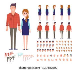 Front, side, back, 3/4 view animated characters. Young girl and guy character constructor with various views, face emotions, lip sync, poses and gestures. Cartoon style, flat vector illustration.