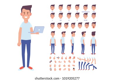 Front, side, back, 3/4 view animated character. Young guy character constructor with various views, hairstyles, face emotions, poses, lip sync and gestures. Cartoon style, flat vector illustration.