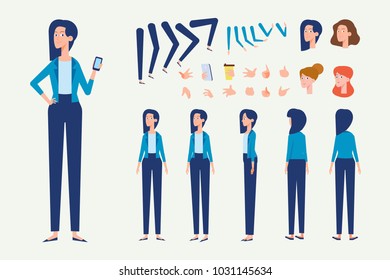 Front, side, back, 3/4 view animated character. Business woman character creation set with various views, hairstyles, and gestures. Cartoon style, flat vector illustration.