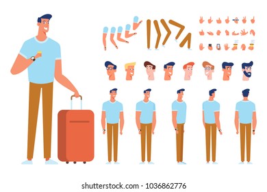 Front, side, back, 3/4 view animated character. Treveler man character with luggage. Constructor with various views, faces, gestures, poses. Cartoon style, flat vector illustration.