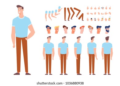 Front, side, back, 3/4 view animaes characters. Young man creation set with various views, faces, hairstyles, gestures and poses. Cartoon style, flat vector illustration.