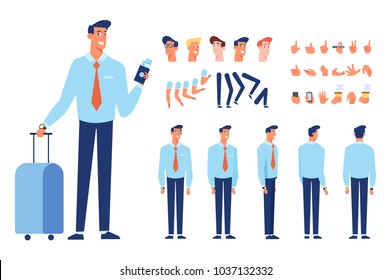 Front, side, back, 3/4 view animated character. Treveler business man character with luggage. Constructor with various views, faces, gestures, poses. Cartoon style, flat vector illustration.