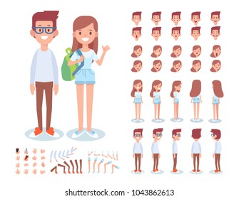 Front, side, back, 3/4 view animated characters. Boy and girl teenagers characters creation set with various views, lip sync, face emotions, poses and gestures.Cartoon style, flat vector illustration.