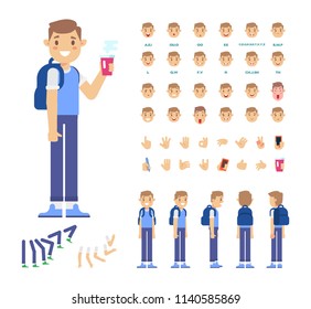 	
Front, side, back, 3/4 view animated character. Guy student constructor with various views, face emotions, poses and gestures. Cartoon style, flat vector illustration.