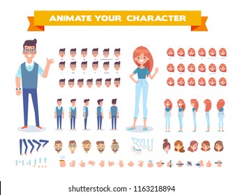 Front, side, back, 3/4 view animated characters. Young girl and guy character constructor with various views, face emotions, lip sync, poses and gestures. Cartoon style, flat vector illustration.