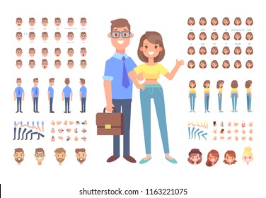 	
Front, side, back, 3/4 view animated characters. Young man and woman characters constructor with various views, face emotions, lip sync, poses and gestures. Cartoon style, flat vector illustration.