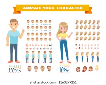 	
Front, side, back, 3/4 view animated characters. Young girl and guy character constructor with various views, face emotions, lip sync, poses and gestures. Cartoon style, flat vector illustration.