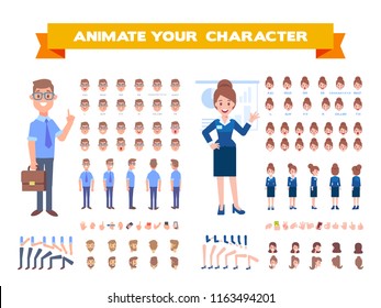 Frente, lado, verso, 3/4 vista animaes personagens. Criação de pessoas de negócios definido com várias visões, penteados, emoções de rosto, poses, sincronização labial e gestos. Estilo dos desenhos animados, ilustração vetorial plana.