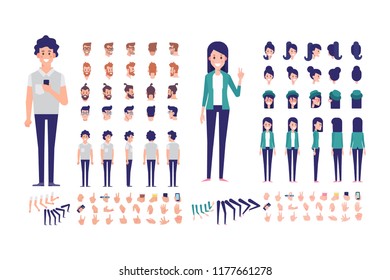 	
Front, side, back, 3/4 view animated characters. Young people creation set with various views, hairstyles and gestures. Cartoon style, flat vector illustration.