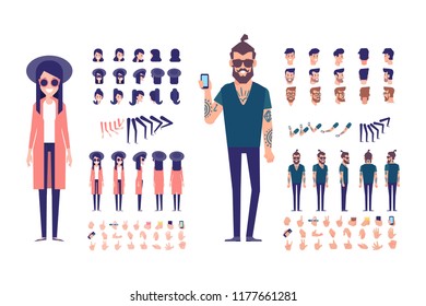 	
Front, side, back, 3/4 view animated characters. Young people creation set with various views, hairstyles and gestures. Cartoon style, flat vector illustration.