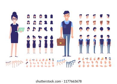 Front, Side, Back, 3/4 View Animated Characters. Office Managers Constructor. Business People Creation Set With Various Views, Hairstyles And Gestures. Cartoon Style, Flat Vector Illustration.