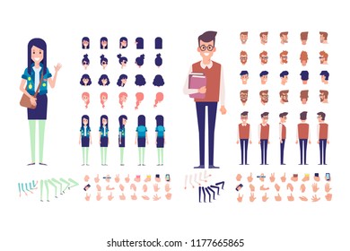 Front, side, back, 3/4 view animated characters. Boy and girl students characters creation set with various views, hairstyles, poses and gestures.Cartoon style, flat vector illustration.