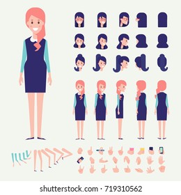 Front, side, back, 3/4 view animated character. Young woman  constructor with various views, hairstyles, poses and gestures. Cartoon style, flat vector illustration.