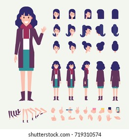 Front, side, back, 3/4 view animated character. Young woman in warm coat constructor with various views, hairstyles, poses and gestures. Cartoon style, flat vector illustration.