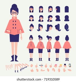 Front, side, back, 3/4 view animated character. Young woman in warm coat constructor with various views, hairstyles, poses and gestures. Cartoon style, flat vector illustration.