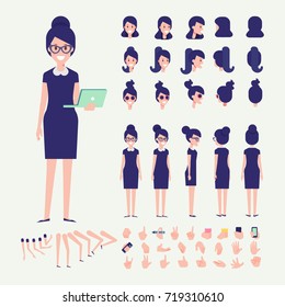 Front, side, back, 3/4 view animated character. Young woman with laptop constructor with various views, hairstyles, poses and gestures. Cartoon style, flat vector illustration.