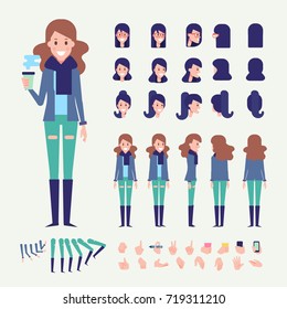 Front, side, back, 3/4 view animated character. Young woman in warm scarf constructor with various views, hairstyles, poses and gestures. Cartoon style, flat vector illustration.