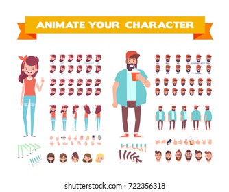 Front, side, back, 3/4 view animaes characters. Bearded man and pretty girl creation set with various views, hairstyles, lip sync,face emotions, poses and gestures. Flat vector illustration.