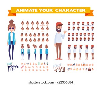 Front, side, back, 3/4 view animaes characters. Hipsters couple creation set with various views, hairstyles, face emotions, lip sync, poses and gestures. Cartoon style, flat vector illustration.