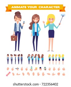 Front, side, back, 3/4 view animaes characters. Young women creation set with various views, hairstyles, face emotions, poses and gestures. Cartoon style, flat vector illustration.